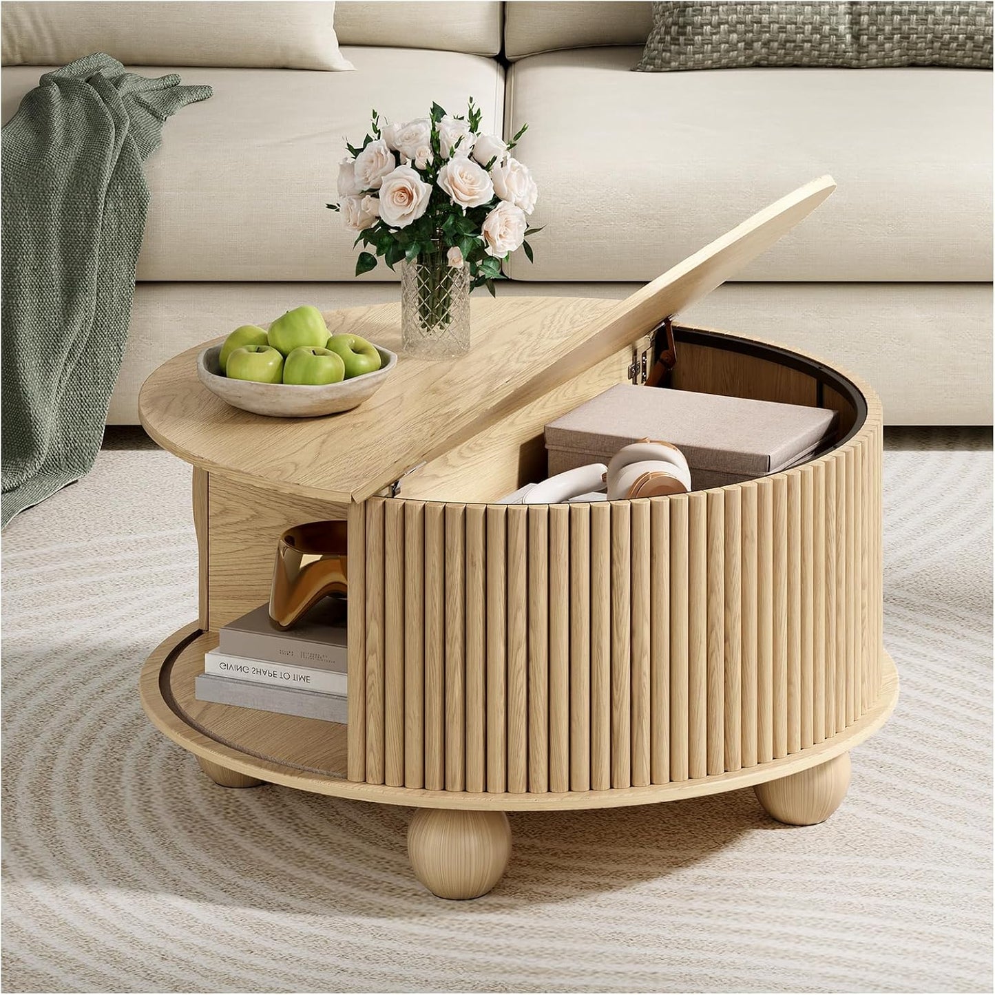 Round Coffee Table with Storage,31.5" Mid Century Modern Coffee Table with Bun Feet,Fluted Center Table for Living Room,Home Small Space,Oak