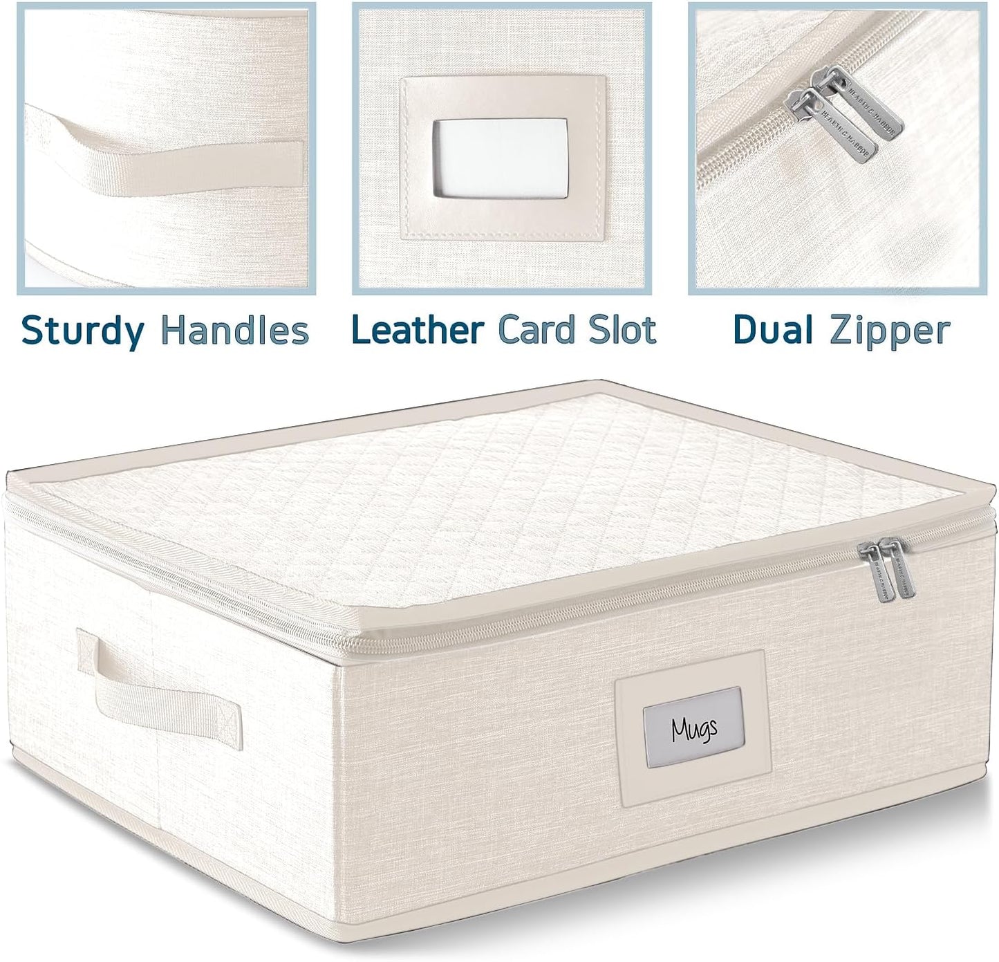 Hearth & Harbor Coffee Mug Storage, Quilted and Stackable Coffee Cup Storage Organizer for Service of 12, Mug Storage Box with Dividers, China Containers Hard Shell for Moving and Organization, Cream