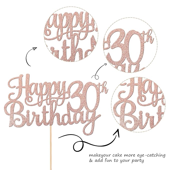1 PCS Happy 30th Birthday Cake Topper Glitter Cheers to 30 Years Birthday Cake Pick 30 Fabulous Cake Decoration for Happy 30th Birthday Anniversary Party Decorations Supplies Rose Gold