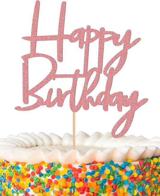 Happy Birthday Cake Topper - Glitter Pink Birthday Cake Top Decorations (Pink)