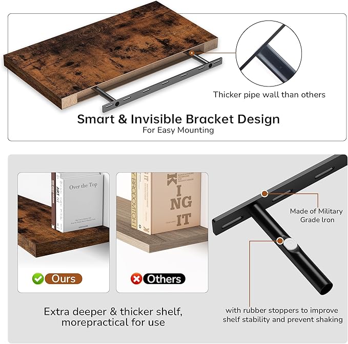 Fun Memories Floating Shelves - 2 Pack 12 Inch Deep Rustic Wooden Wall Shelves - Extra Deeper & Thicker Wall Mounted Storage Shelf for Living Room, Kitchen, Farmhouse - 24" W x 12" D x 1.5" H - Brown