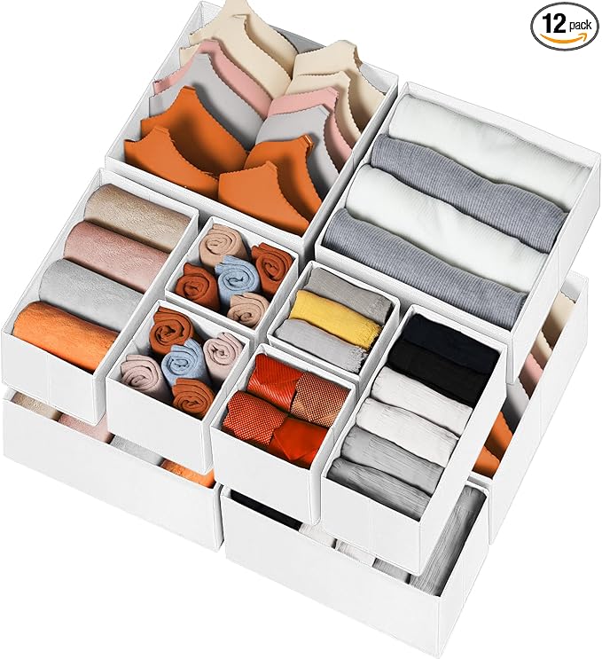 Criusia Drawer Organizer Clothes 12 Pack - Fabric Closet Organizers and Storage for Nursery Organization - Dresser Drawer Dividers for Baby Clothes/Socks/Underwear/Bras - College Dorm Room Essentials