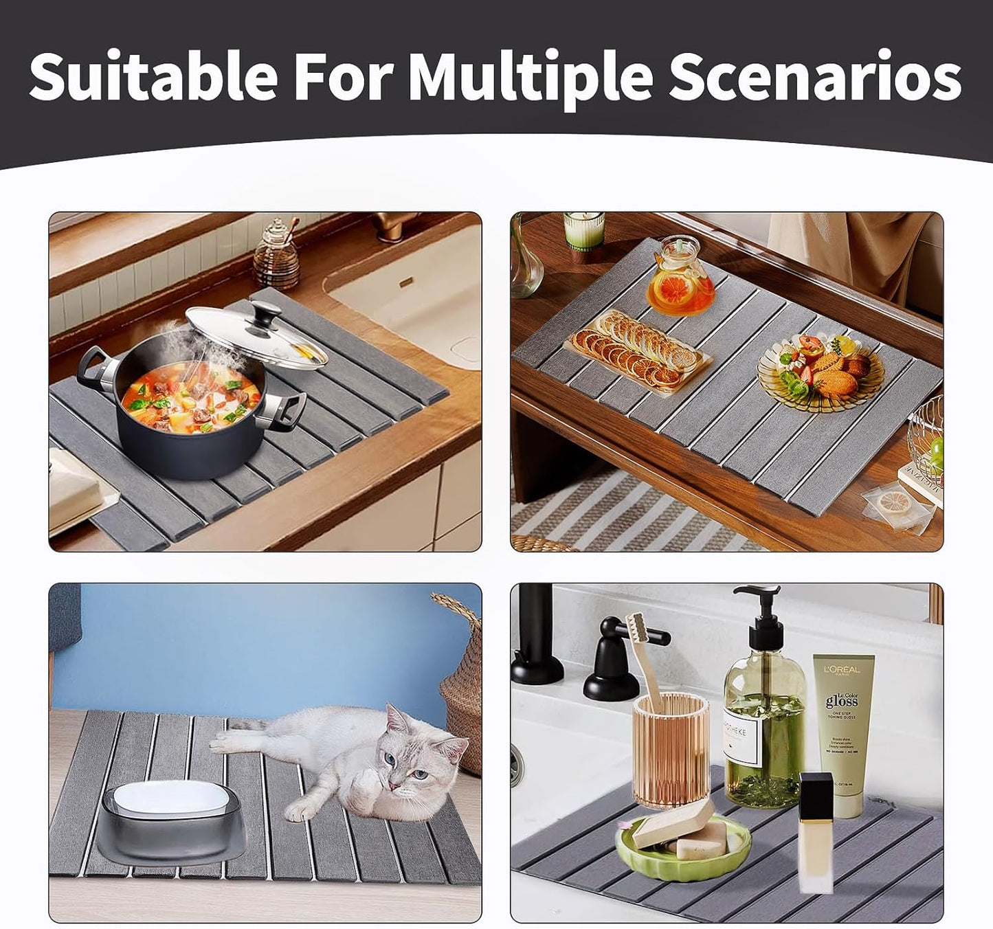 Large Stone Dish Drying Mat for Kitchen Counter, 24" x 16" Stone Drying Mat Foldable Quick Dry Absorbent Diatomaceous Earth Bath Mat Countertop Fast Dry Pad for Kitchen Dishes Bottles Cups Bathroom