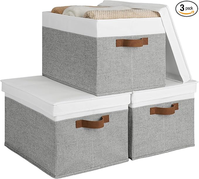 StorageWorks Storage Bins with Lids, Decorative Storage Boxes with Lid and PU Handles, Foldable Storage Baskets for Closet, Shelves, Stackable, Grey and White, Jumbo, 3-Pack