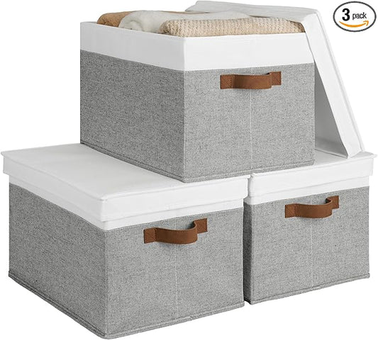 StorageWorks Storage Bins with Lids, Decorative Storage Boxes with Lid and PU Handles, Foldable Storage Baskets for Closet, Shelves, Stackable, Grey and White, Jumbo, 3-Pack