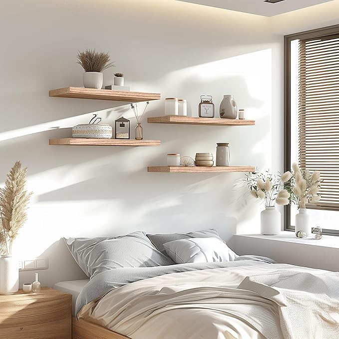 Wood Floating Shelves for Wall Decor, Rustic Wall Shelves for Bedroom Bathroom Kitchen Living Room, Set of 6 Light Walnut