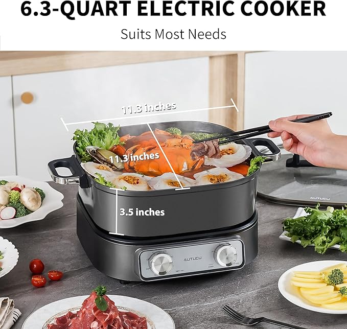 6-Quart Electric Skillet Hot Pot | Non-Stick PFOA-Free Ceramic-Coated Pot, 1600W, Timer & 3 Power Settings for Family Meals
