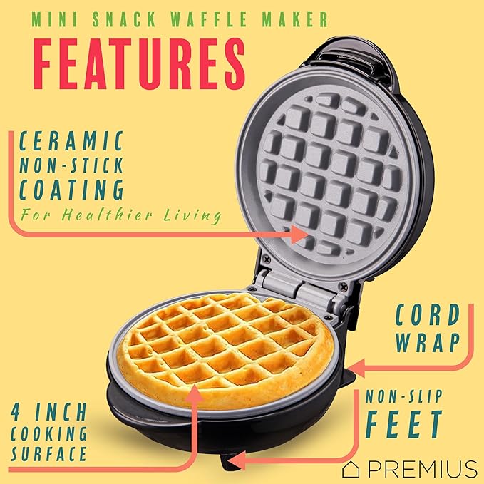 Ceramic Nonstick Mini Snack Waffle Maker, 4” Mold, Quick Heat for Crispy Waffles, French Toast, Tuna Melt, Egg & Grilled Cheese, Sandwiches for Kids & Family, Just Add Batter (Black)