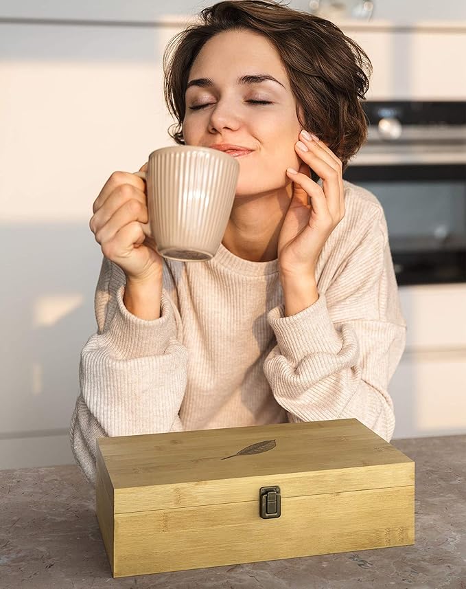 Bamboo Tea Organizer Box Chemical Free Eco-Friendly Big, Tall, Adjustable Cubbies Natural Wooden Storage Chest (8-Slot 14.3" x 8.1" x 4.2" with Tea Leaf design)