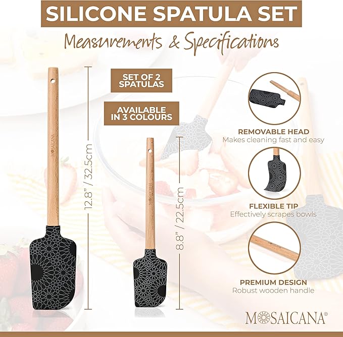 Silicone Spatula set of 2 with wooden handle and stunning pattern (Black)