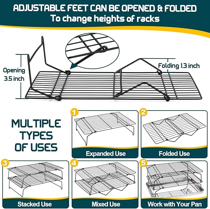 P&P CHEF Cooling Rack, 5-Tier Stainless Steel Stackable Baking Cooking Racks for Cooling Roasting Grilling, Collapsible & Heavy Duty, Oven Safe & Easy Clean, 15" x 10", Black