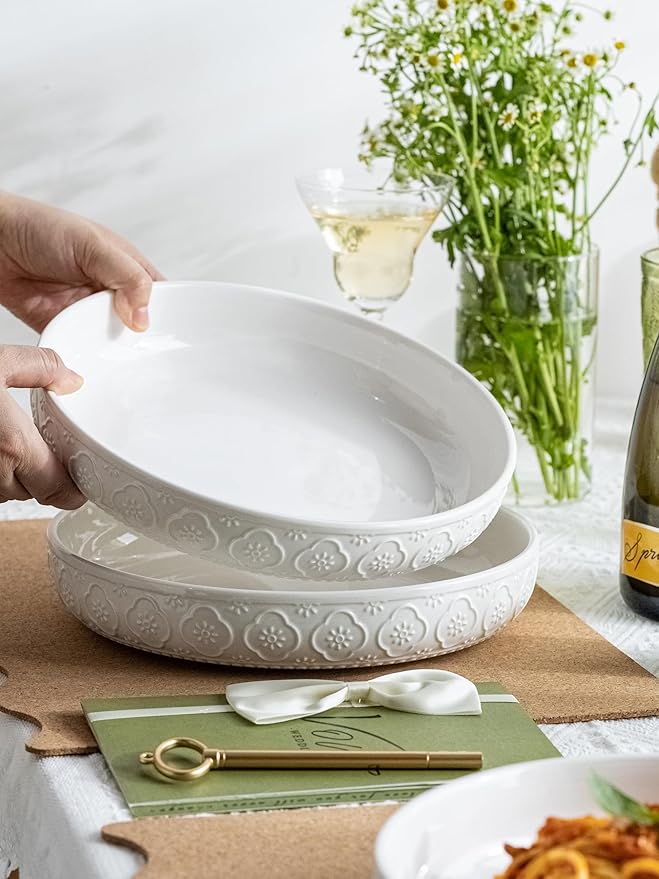 YHOSSEUN 9.75" Pasta Bowls Set of 4, 50 OZ Large Salad Serving Bowls, Ceramic Pasta Plate Bowls, White Soup Bowl, Microwavable Dinner Bowls for Kitchen, Embossed Sunflower