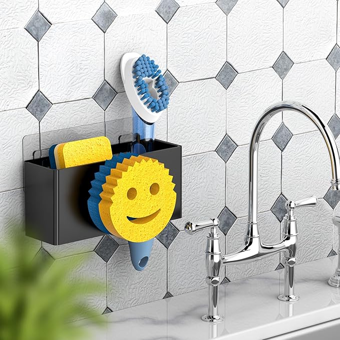Sponge Holder for Kitchen Sink,Smiley Face Sink Caddy,Sponge Holder Stainless Steel with Suction Cups & 1 PCS Adhesive Strips for Holding Soap,Brush,Scrubber,Sponge-Black