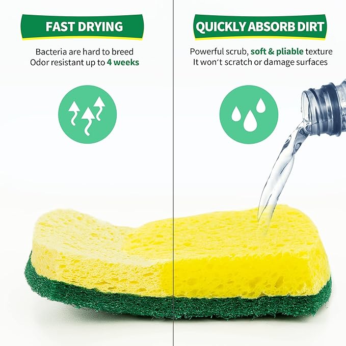 HOMERHYME Heavy Duty Scrub Sponge 24 Pack, Eco Cellulose Kitchen Dish Sponge Multipurpose Ergonomic for Washing Dishes, Uncoated Cookware & Household Cleaning.