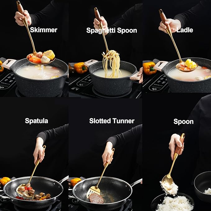 Gold Kitchen Utensils Set, 9 PCS 18/10 Stainless Steel Cooking tools Wood Handle, Solid and Slotted Spoon, Fork, Spatula, Ladle, Skimmer, Slotted Tunner, Spaghetti and Large Spoon