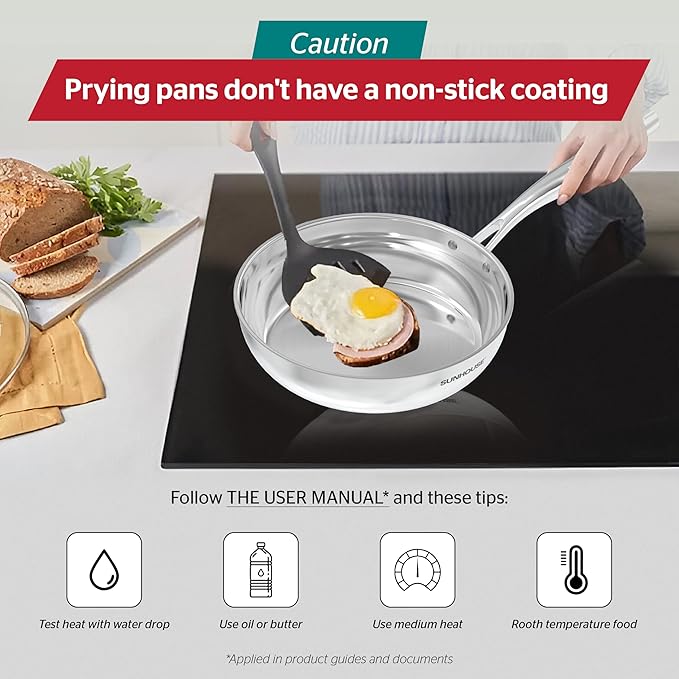 Sunhouse 8 Inch 18/10 Chef Series Stainless Steel Frying Pan, Tri-Ply Stainless Steel Construction, PFOA-FREE, Stay-Cool Handle, Induction Compatible