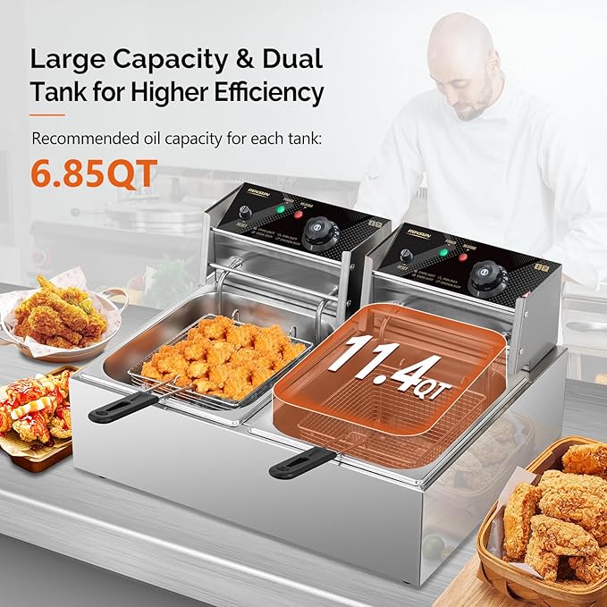 ROVSUN 22.8QT Commercial Deep Fryer with Baskets & Lids, 21.8L Stainless Steel Electric Double Fryer, Countertop Kitchen Frying Machine w/Temperature Control, French Fries Donuts 3400W