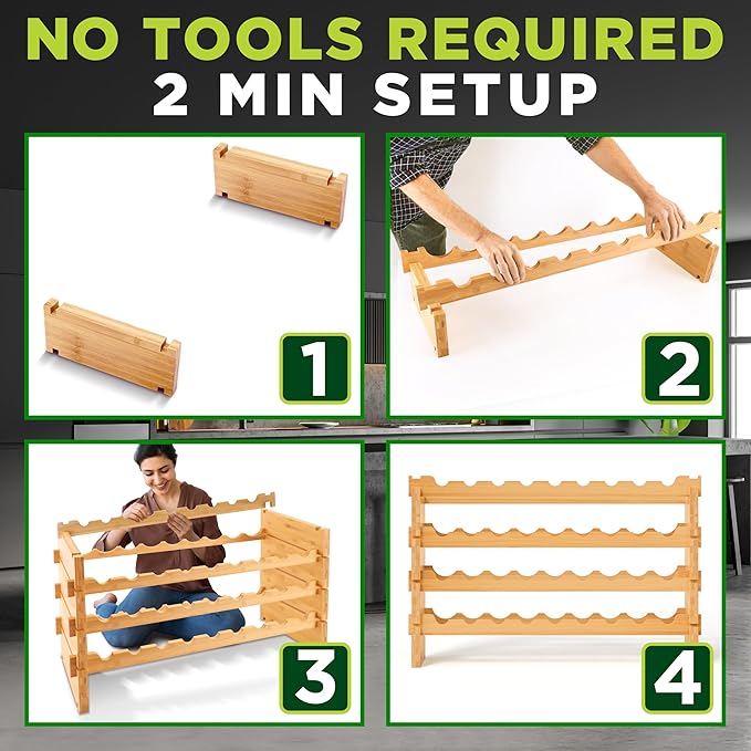 NutriChef Bamboo Stackable Wine Rack, 4-Tier 36 Bottle Capacity Wine Racks Free Standing Floor, No Tools Assembly, Modular Storage Display Shelf for Kitchen and Cellar 33.5" x 10" x 21"