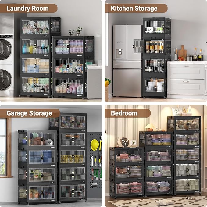 120QT Large Stackable Storage Bins with Lids, Plastic Closet Organizer and Storage Drawer, Collapsible Storage Box with Wheels, Folding Storage Cabinet with Doors for Home Kitchen, 1Pack Black