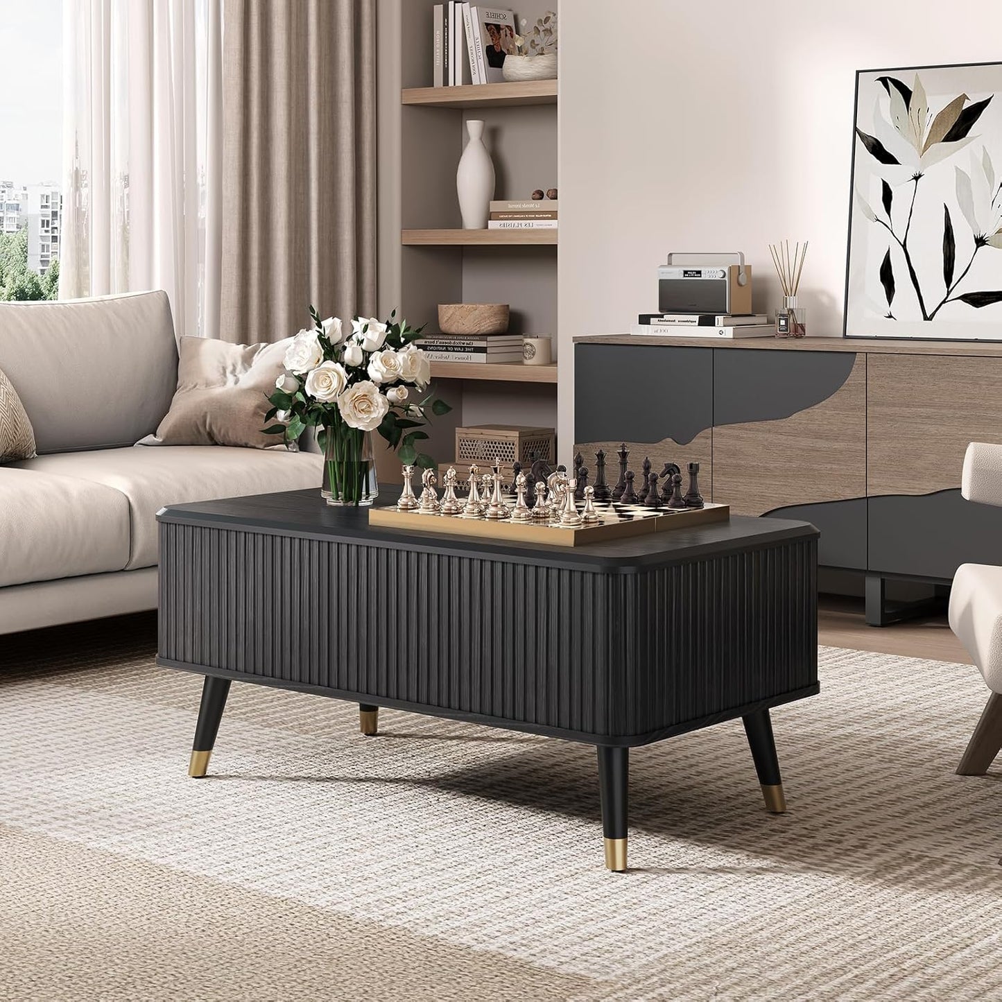 Lift Top Coffee Table, Mid Century Modern Coffee Table with Hidden Storage Compartment, 38" Fluted Center Table for Living Room, Home Office, Black