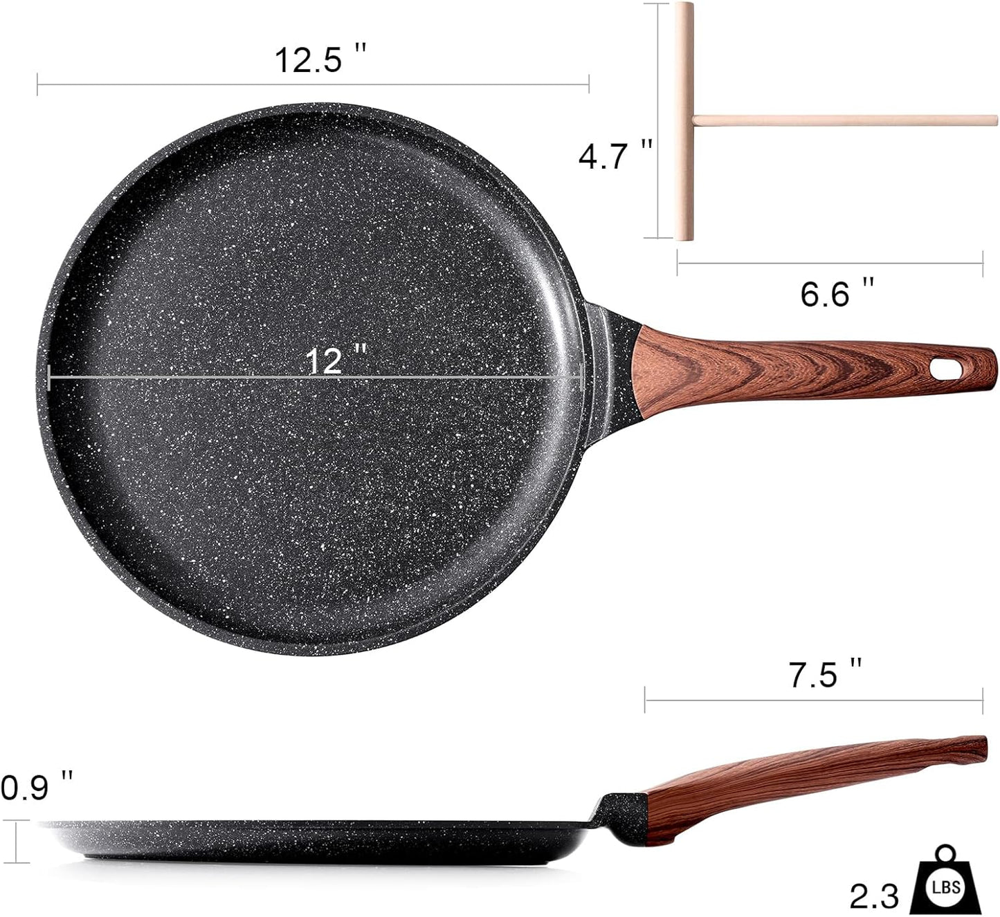 Crepe Pan Nonstick, 12 Inch Dosa Pan with Spreader, Granite Coating Comales Para Tortillas Pancake Pan, Flat Pan for Stove Top, Induction Compatible, PFOA Free