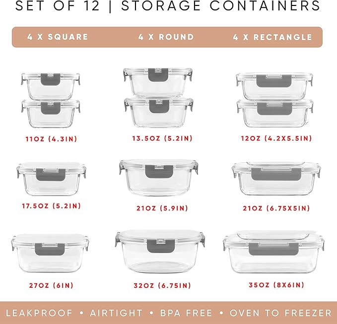 JoyJolt 24pc Borosilicate Glass Storage Containers with Lids | 12 Airtight/Freezer Safe Food Storage Containers for Pantry and Kitchen | Meal Prep Container for Lunch | Glass Tupperware Set
