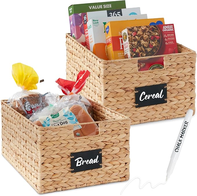 Best Choice Products Pantry Baskets Set of 2 16x12in Water Hyacinth Storage Baskets, Woven Wicker Organizers with handles w/Chalkboard Label Chalk Marker - Natural