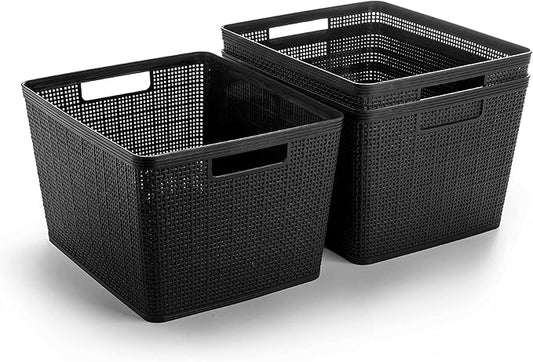 BINO | Woven Plastic Basket | Large (Black), 3-Pack | THE JUTE COLLECTION | Home Organization, Space - Saving Storage, Stylish Design | Jute Basket | Plastic Storage Basket