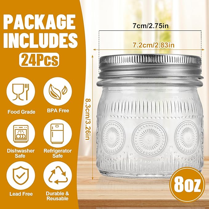 8 oz Mason Jars with Regular Airtight Lids - 24 Pack Small Mason Jars for Jam, Honey, Baby Foods, Overnight Oats, Spices, Herbs, Salads, Candles, Dessert, Party Favors, Half Pint Size Canning Jar