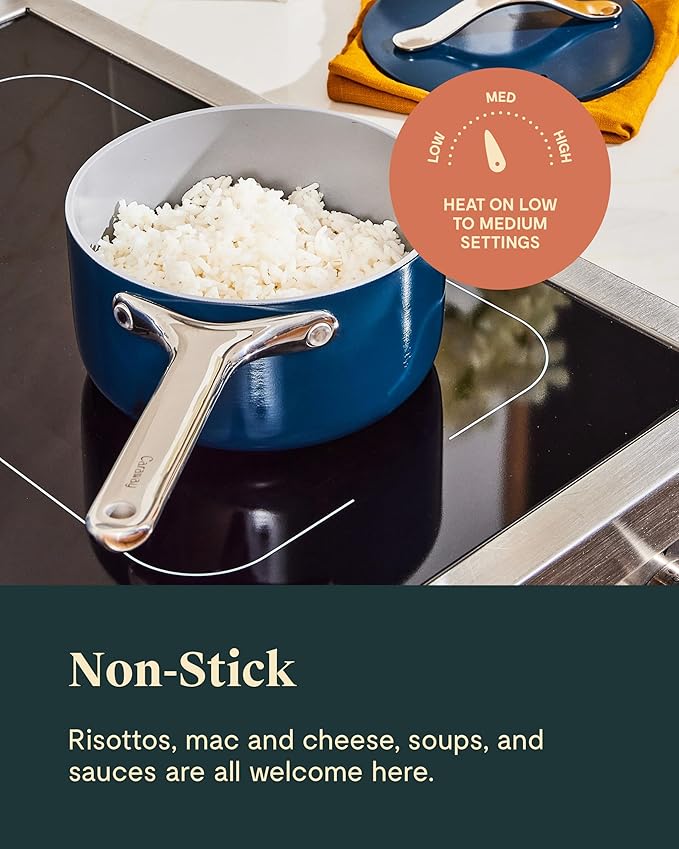 Caraway Nonstick Ceramic Sauce Pans with Lids (3 qt & 1.75 qt) - Non Toxic, PTFE & PFOA Free - Oven Safe & Compatible with All Stovetops (Gas, Electric & Induction) - Perracotta