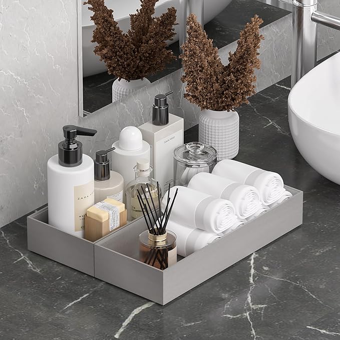 Kitchen Drawer Organizer Bins, Stackable Bamboo Drawer Organizer for Silverware, 2 Pcs Toilet Paper Basket Holder, Wood Bathroom Tray Countertop, Toilet Tank Tray Silver 15" x 6" x 2.5"