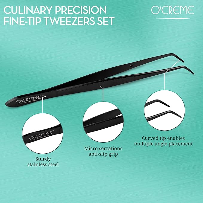 O'Creme Curved Tweezers 6.25 Inch Fine-Point Stainless Steel, Black