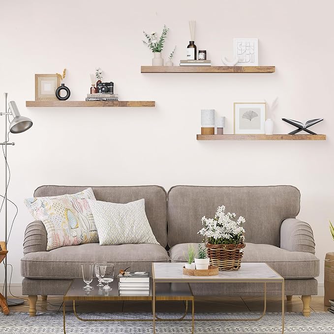 Colima Floating Shelves for Wall Brown Wood Shelf for Bedroom, 36 Inch Wall Mounted Floating Shelves for Bathroom Living Room Kitchen Office, 1.3" Thick Floating Book Shelves Set of 3