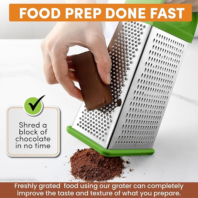 Spring Chef Professional Green 10" Stainless Steel Parmesan Cheese Grater with Handle, 4 Sided Handheld Box Grater, Kitchen Carrot Shredder for Potato, Cheese, Ginger, Vegetables