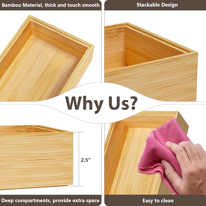 Kitchen Drawer Organizer Bins, Stackable Bamboo Drawer Organizer for Silverware, Flatware, Deep Office Desk Drawer Organizer Tray, Desktop Pen, Office Organization 9" x 6" x 2.5" (Set of 2)