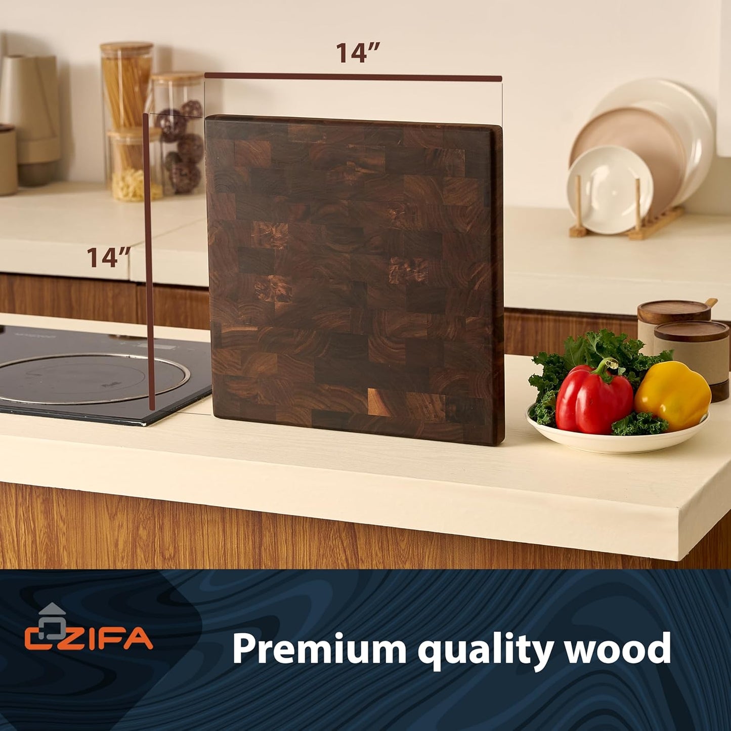 American Dark Walnut Wood Cutting Board Large, Square 14x14 x1.2in for Kitchen and End Grain Butcher Block Finished with Linseed Oil, Beeswax, Carnauba wax & Lemon Oil