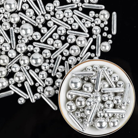 Silver Pearl Sprinkles,Edible Rods Pearl Sprinkles Mix Size,130g/4.58oz,Baking Edible Cake Decorations,Cupcake Toppers,Cookie Decorating Donuts Ice Cream,Holiday,Birthday Wedding Party,Valentines Christmas Supplies
