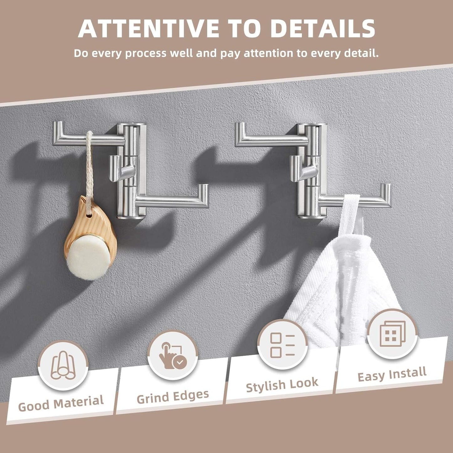 Suyar Towel Hook for Bathroom, SUS 304 Stainless Steel Swivel Robe Holder with 3 Arms, Wall Hook Brushed Nickel, 2 Pack