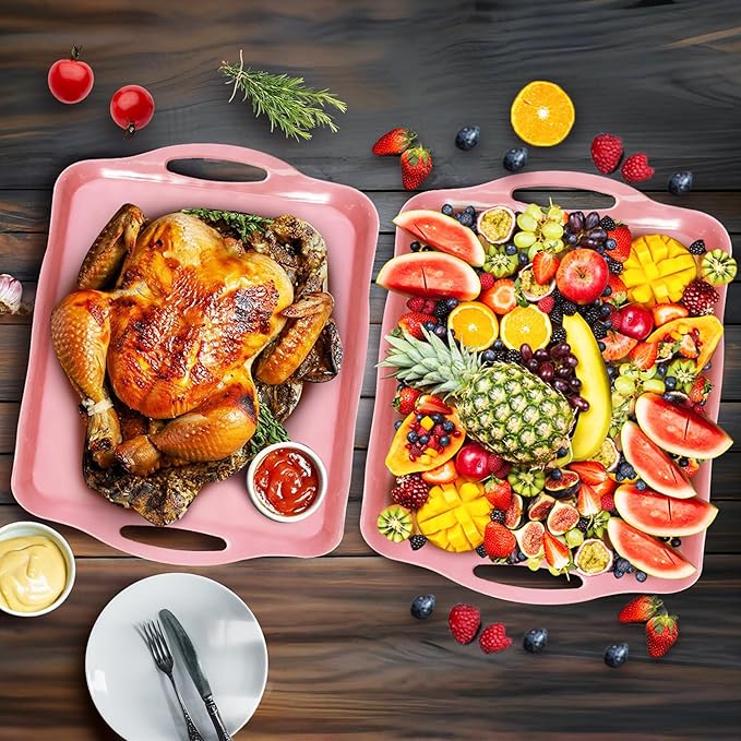 LEHAHA Melamine Serving Tray with Handles, 17.25 x 12 Inch Aesthetic Serving Platters and Trays with Curved Sides, Tray for Lunch, Coffee, or Breakfast, Set of 4, Silicone placemats Included,Pink