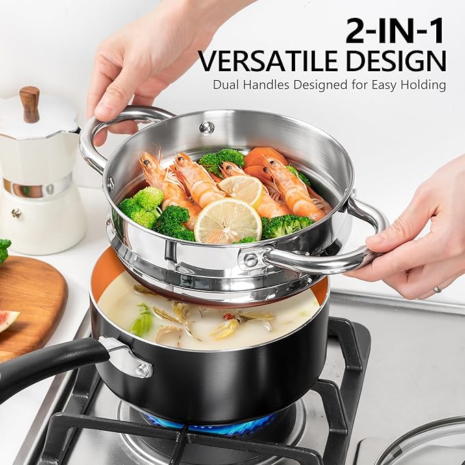 MICHELANGELO Nonstick Sauce Pan with Lid, 1QT & 2QT Ceramic Saucepan Set with Steamer, Small Copper Saucepans Set, Multipurpose Sauce Pots for Cooking, PFAS-FREE, Dishwasher Safe