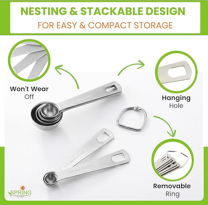 Spring Chef Stainless Steel Measuring Spoons Set of 8 with Leveler, Round Metal Teaspoon & Tablespoon Measuring Spoons - Nesting Kitchen Gadgets For Baking & Cooking, Dry & Liquid Ingredients