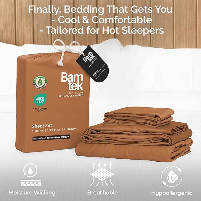 100% Viscose from Bamboo Sheets Full Size, Super Soft Bedding Set, 4PC Cooling Sheets for Hot Sleepers, Vegan Silk Moisture Wicking, Organically Grown Bedsheet, Almond - 54" x 75"