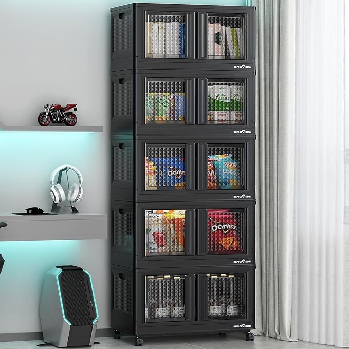 500Qt Stackable Storage Bins with Lids, 125Gal Closet Organizers and Storage Drawer, Plastic Collapsible Storage Bins with Doors, Heavy Duty Store Box Cabinet for Home Office, 5Pack Black