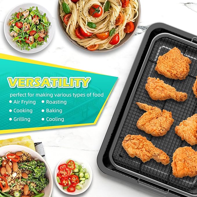 Air Fryer Basket for Oven, OPENICE 15.6" x 11.6" Air Fryer Tray and Pan Set with 30PCS Parchment Papers, Stainless Steel Oven Air Fryer Basket and Tray for Baking Grilling - Black