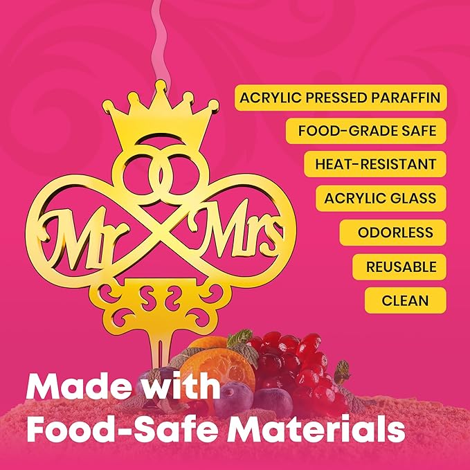 Mr and Mrs Reusable Gold Romantic Cake Candle - Luxury Cake Topper Candle for Birthdays, Weddings & Anniversaries - Reusable Food Safe Acrylic, Shiny Mirror Finish - Happy Birthday Cake Topper Decor