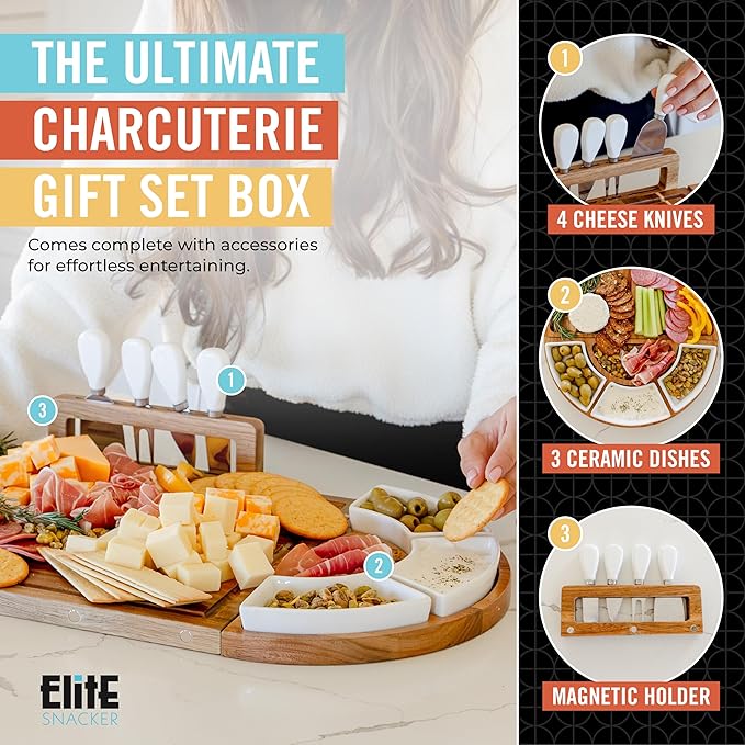 Large Wooden Charcuterie Board Set (Oil Finish) - 3-Piece Magnetic Long Serving Board Tray with Charcuterie Accessories - Acacia Wood Cheese Platter with Cheese Knife Set & Ceramic Dishes - Brown