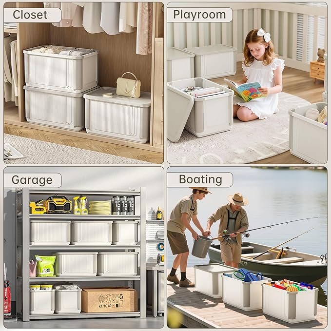 HAIXIN Collapsible Storage Bins with Lids 4 Pack - 62.8 QT Foldable Closet Storage and Organizer Plastic Stackable Storage Box for Home Garage Office Craft