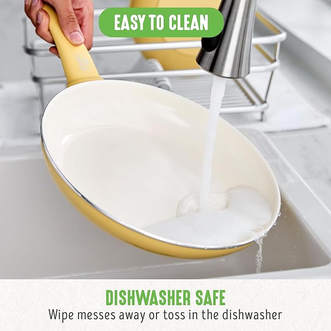 GreenLife 16 Piece Nonstick Cookware Set, Soft Grip Non-Toxic PFAS-Free Ceramic Pots & Pans, Dishwasher & Oven Safe, Frying, Sauce, Saute, Utensils, Glass Lids, Stay-Cool Handles, Wobble Free, Yellow