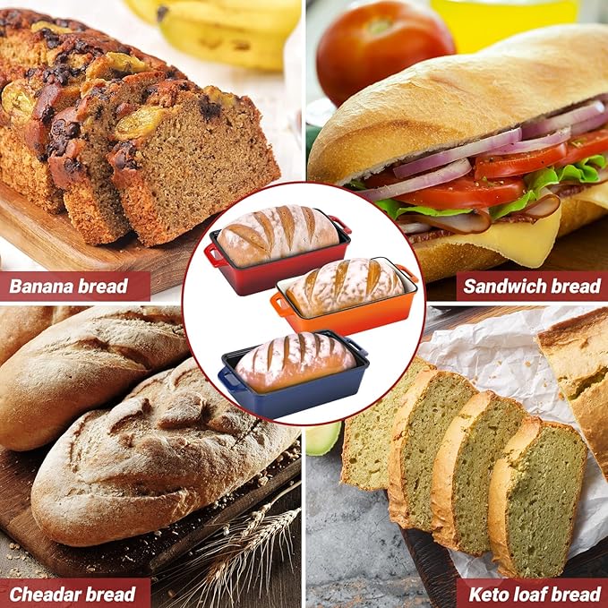 9x5 Inch Enameled Cast Iron Loaf Pan with Lid, Perfect Bread Baking Pan | Even Heat Distribution for Homemade Bread, Cake, Meatloaf，2 Piece set，Red