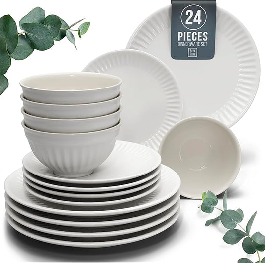 Stoneware Dinnerware Set for 8 People HYGGE 24-Piece - Elegant Scandi Design - Premium Dish Set - Bowl and Plate Set - Tableware for 8 People in a Ribbed Design - Pure Living in White